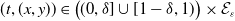 left parenthesis t comma left parenthesis x comma y right parenthesis right parenthesis element of left parenthesis left parenthesis 0 comma delta right bracket union left bracket 1 minus delta comma 1 right parenthesis right parenthesis times script upper E Subscript epsilon