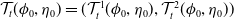 script upper T Subscript t Baseline left parenthesis phi 0 comma eta 0 right parenthesis equals left parenthesis script upper T Subscript t Superscript 1 Baseline left parenthesis phi 0 comma eta 0 right parenthesis comma script upper T Subscript t Superscript 2 Baseline left parenthesis phi 0 comma eta 0 right parenthesis right parenthesis