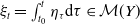 xi Subscript t Baseline equals integral Subscript t 0 Superscript t Baseline eta Subscript tau Baseline d tau element of script upper M left parenthesis upper Y right parenthesis