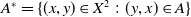 upper A Superscript asterisk Baseline equals StartSet left parenthesis x comma y right parenthesis element of upper X squared colon left parenthesis y comma x right parenthesis element of upper A EndSet