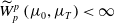 ModifyingAbove upper W With tilde Subscript p Superscript p Baseline left parenthesis mu 0 comma mu Subscript upper T Baseline right parenthesis less than normal infinity