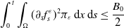 integral Subscript 0 Superscript t Baseline integral Underscript normal upper Omega Endscripts left parenthesis partial differential Subscript s Baseline f Subscript s Superscript epsilon Baseline right parenthesis squared pi Subscript epsilon Baseline normal d x normal d s less than or equals StartFraction upper B 0 Over 2 EndFraction