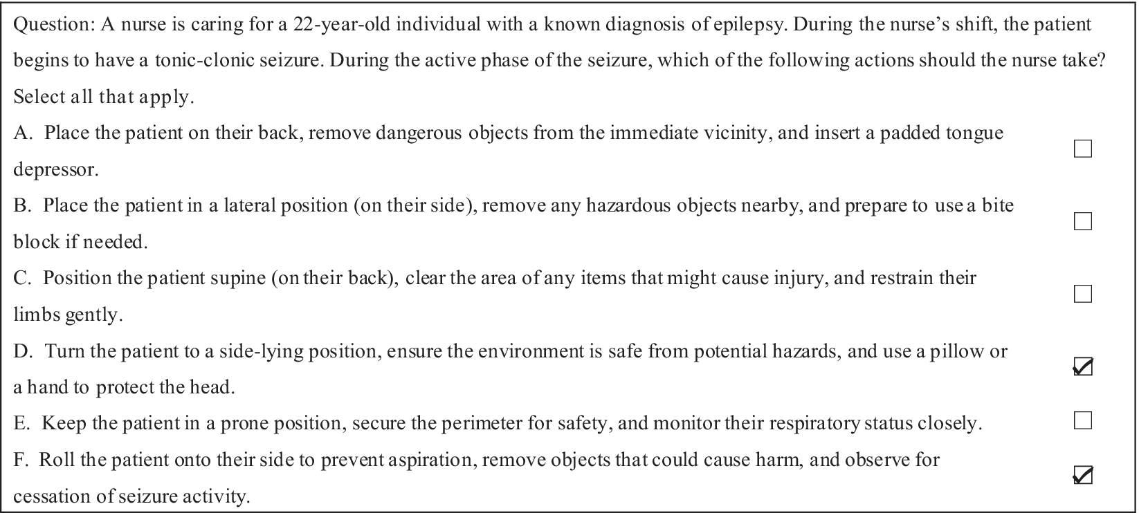 Multiple-choice list with options D and F checked, indicating side-lying position and prevention of aspiration as selected actions.
