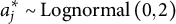 a Subscript j Superscript asterisk Baseline tilde upper L o g n o r m a l left parenthesis 0 comma 2 right parenthesis