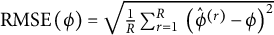 upper R upper M upper S upper E left parenthesis phi right parenthesis equals StartRoot StartFraction 1 Over upper R EndFraction sigma summation Underscript r equals 1 Overscript upper R Endscripts backslash kern 0.20 e m left parenthesis ModifyingAbove phi Superscript left parenthesis r right parenthesis Baseline With caret minus phi right parenthesis squared EndRoot