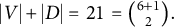 StartAbsoluteValue upper V EndAbsoluteValue plus StartAbsoluteValue upper D EndAbsoluteValue equals 21 equals StartBinomialOrMatrix 6 plus 1 Choose 2 EndBinomialOrMatrix period