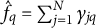 ModifyingAbove f Subscript q Baseline With caret equals sigma summation Underscript j equals 1 Overscript upper N Endscripts gamma Subscript j q