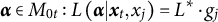alpha element of upper M Subscript 0 t Baseline colon upper L left parenthesis alpha vertical bar x Subscript t Baseline comma x Subscript j Baseline right parenthesis equals upper L Superscript asterisk Baseline dot g Subscript j Baseline
