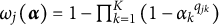 omega Subscript j Baseline left parenthesis alpha right parenthesis equals 1 minus product Underscript k equals 1 Overscript upper K Endscripts left parenthesis 1 minus alpha Subscript k Baseline Superscript q Super Subscript j k Superscript Baseline right parenthesis