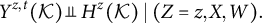 Y superscript z comma t open parenthesis script K close parenthesis is independent of H superscript z open parenthesis script K close parenthesis given Z equals z comma X comma W.