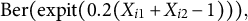 Ber left parenthesis expit left parenthesis 0.2 left parenthesis upper X Subscript i Baseline 1 Baseline plus upper X Subscript i Baseline 2 Baseline minus 1 right parenthesis right parenthesis right parenthesis comma