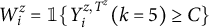 W sub i super z equals one if Y sub i super z comma T super x at k equals five is greater than or equal to C.