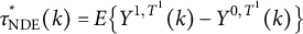 tau Subscript NDE Superscript asterisk Baseline left parenthesis k right parenthesis equals upper E backslash l comma b comma r comma a comma c e upper Y Superscript 1 comma upper T Super Superscript 1 Superscript Baseline left parenthesis k right parenthesis minus upper Y Superscript 0 comma upper T Super Superscript 1 Superscript Baseline left parenthesis k right parenthesis comma r comma b comma r comma a backslash c e