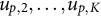u Subscript p comma 2 Baseline comma midline horizontal ellipsis comma u Subscript p comma upper K Baseline