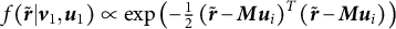 f left parenthesis r overtilde vertical bar v 1 comma u 1 right parenthesis proportional to backslash exp left parenthesis minus one half left parenthesis r overtilde minus upper M u Subscript i Baseline right parenthesis Superscript upper T Baseline left parenthesis r overtilde minus upper M u Subscript i Baseline right parenthesis right parenthesis