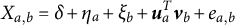 upper X Subscript a comma b Baseline equals delta plus eta Subscript a Baseline plus xi Subscript b Baseline plus u Subscript a Superscript upper T Baseline v Subscript b Baseline plus e Subscript a comma b