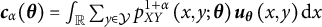 c Subscript alpha Baseline left parenthesis theta right parenthesis equals integral Underscript double struck upper R Endscripts sigma summation Underscript y element of script upper Y Endscripts p Subscript upper X upper Y Superscript 1 plus alpha Baseline left parenthesis x comma y semicolon theta right parenthesis u Subscript theta Baseline left parenthesis x comma y right parenthesis normal d x