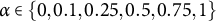 alpha element of StartSet 0 comma 0.1 comma 0.25 comma 0.5 comma 0.75 comma 1 EndSet