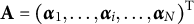 backslash textbf upper A equals left parenthesis alpha 1 comma midline horizontal ellipsis comma alpha Subscript i Baseline comma midline horizontal ellipsis comma alpha Subscript upper N Baseline right parenthesis Superscript upper T
