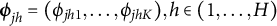phi Subscript j h Baseline equals left parenthesis phi Subscript j h Baseline 1 Baseline comma midline horizontal ellipsis comma phi Subscript j h upper K Baseline right parenthesis comma h element of left parenthesis 1 comma midline horizontal ellipsis comma upper H right parenthesis