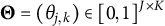 upper Theta equals left parenthesis theta Subscript j comma k Baseline right parenthesis element of 0 comma 1 Superscript upper J times upper K