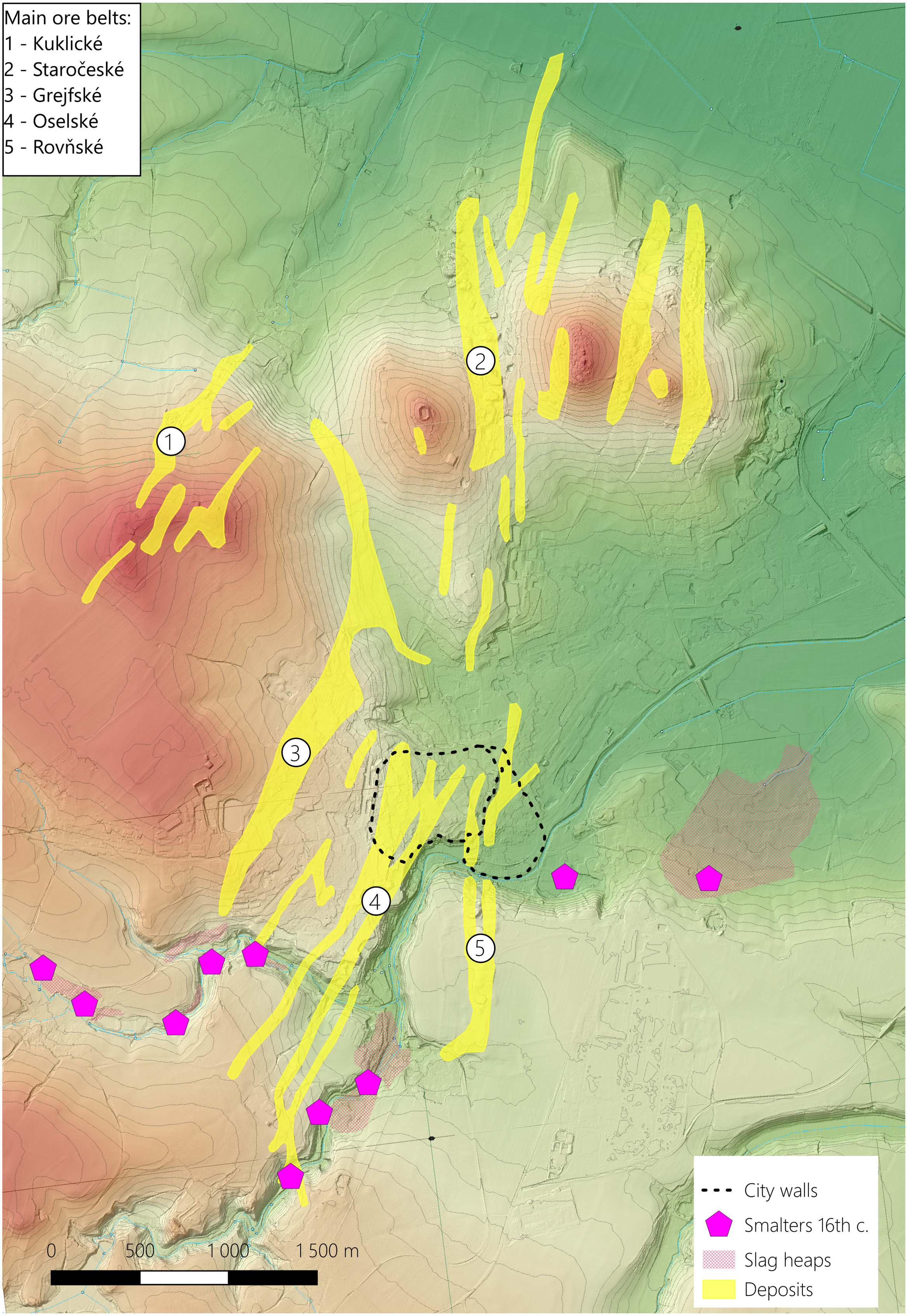 A map of Kutn Hora deposits and town localization.