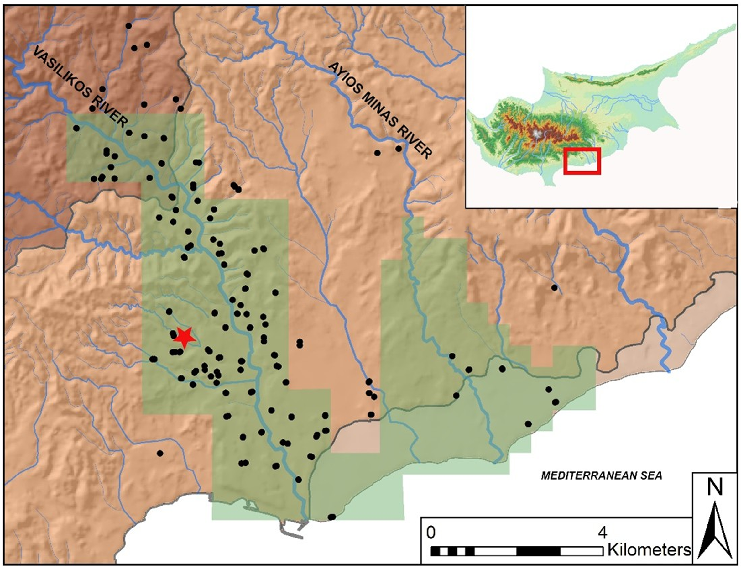 A map of the Vasilikos Valley on the south-central coast of Cyprus, showing survey boundaries and surface scatters.