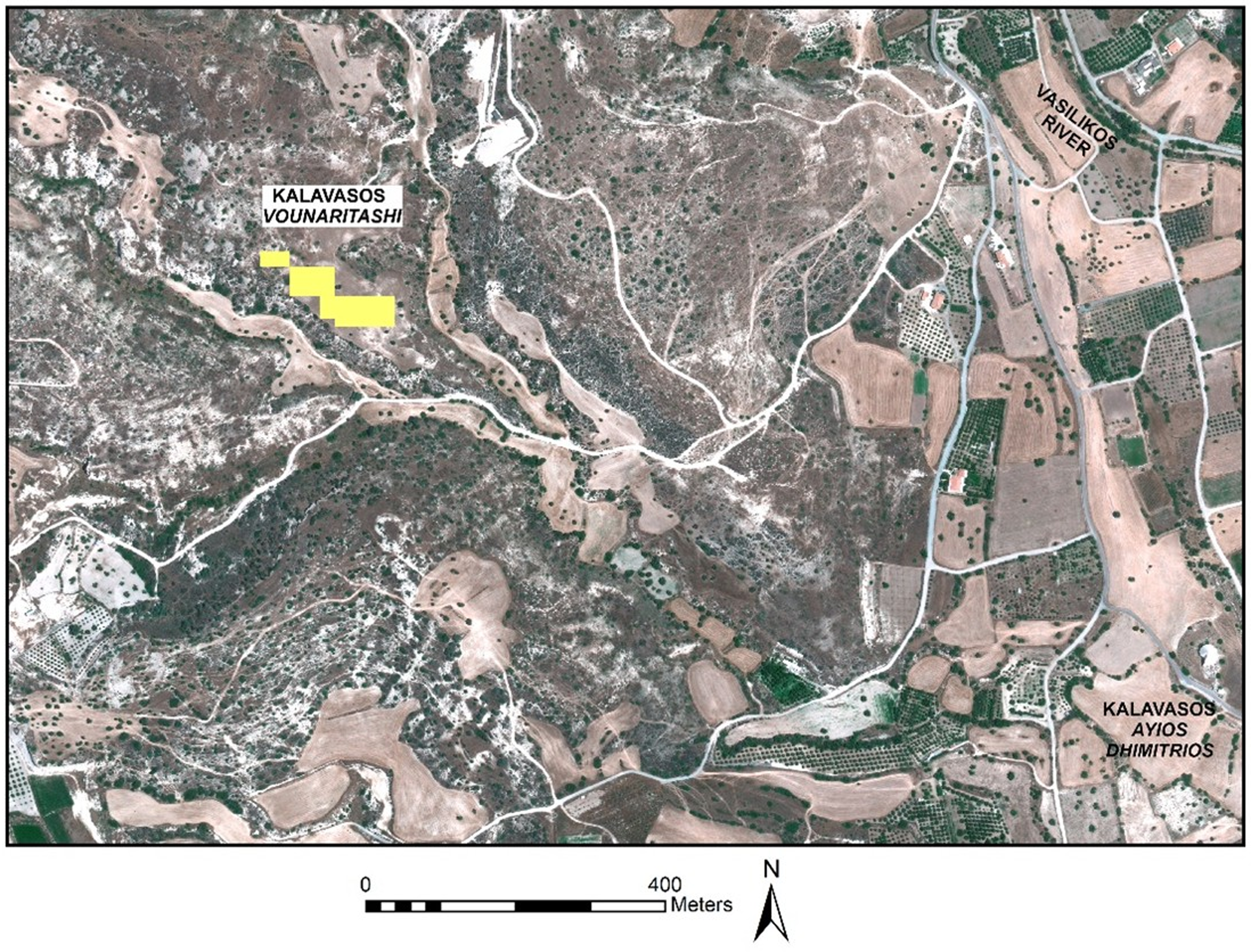 A satellite image of Kalavasos Vounaritashi with a survey grid in yellow.