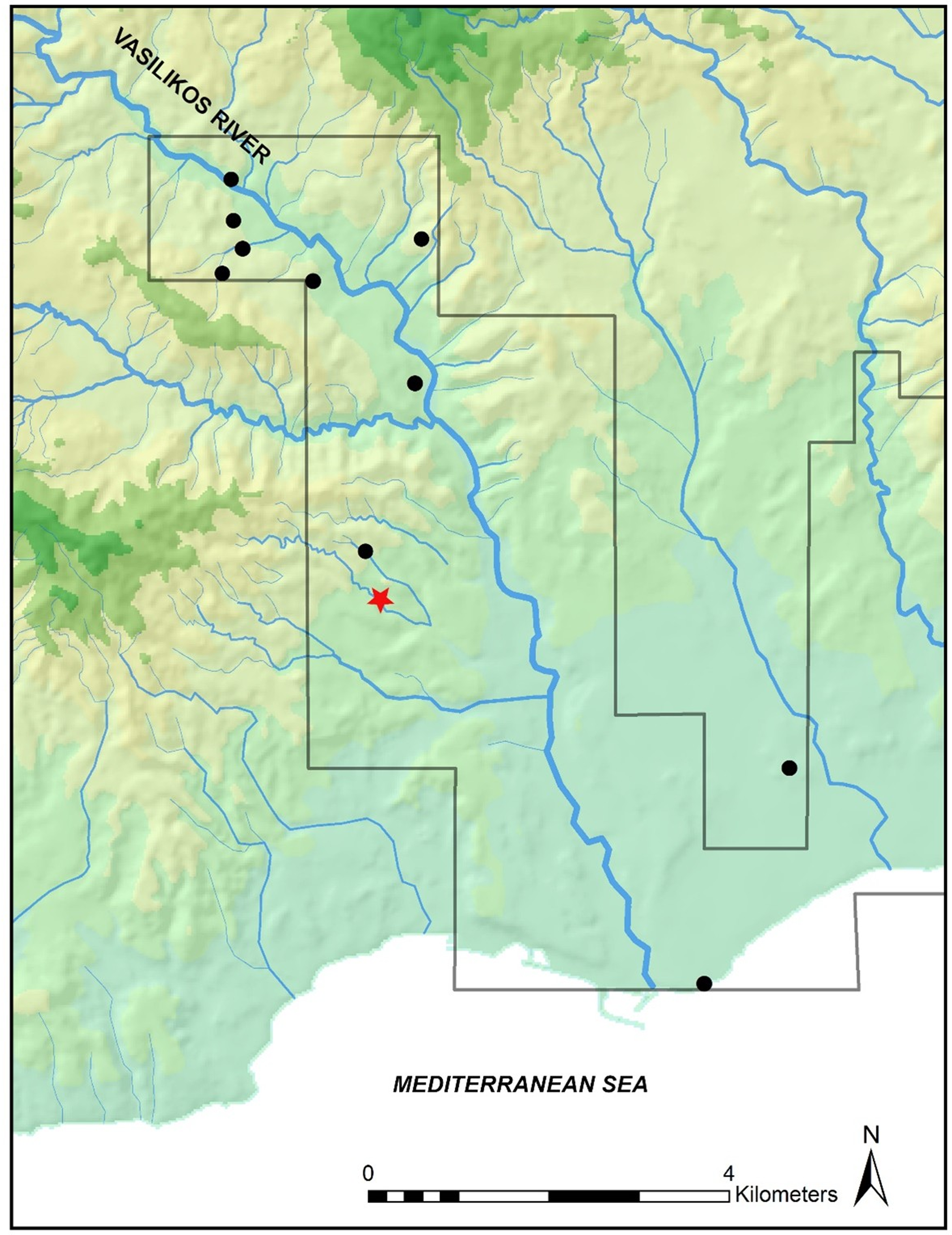A map of the Vasilikos Valley showing recorded sites with evidence from the Classical and Hellenistic periods.