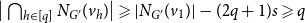 StartAbsoluteValue intersection Underscript h element of left bracket q right bracket Endscripts upper N Subscript upper G Sub Superscript prime Subscript Baseline left parenthesis v Subscript h Baseline right parenthesis EndAbsoluteValue greater than or slanted equals StartAbsoluteValue upper N Subscript upper G Sub Superscript prime Subscript Baseline left parenthesis v 1 right parenthesis EndAbsoluteValue minus left parenthesis 2 q plus 1 right parenthesis s greater than or slanted equals q