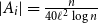 StartAbsoluteValue upper A Subscript i Baseline EndAbsoluteValue equals StartFraction n Over 40 script l squared log n EndFraction