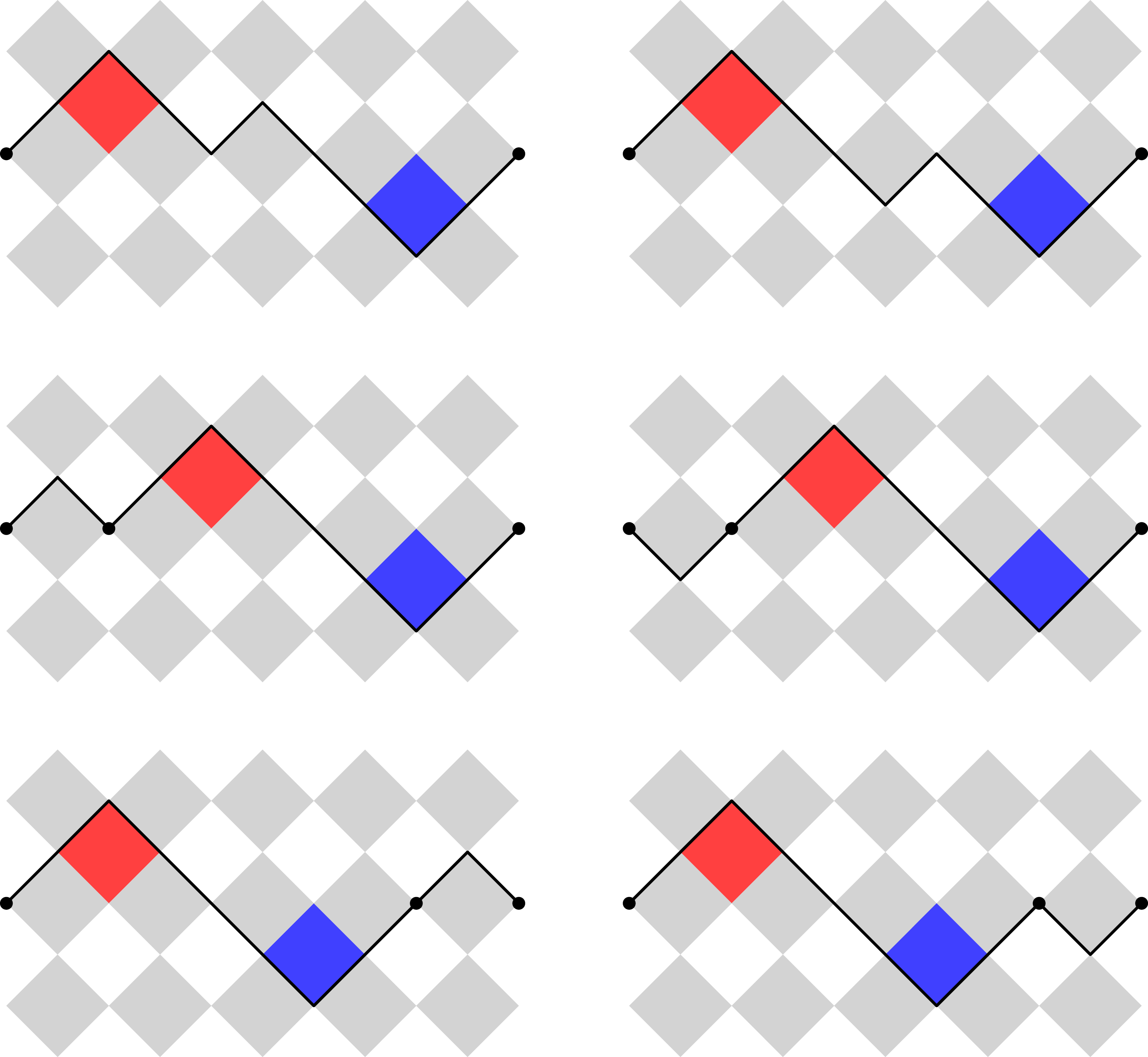Six graphical bridges of length 10 depicted on a diamond grid with red and blue squares.