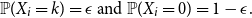 double struck upper P left parenthesis upper X Subscript i Baseline equals k right parenthesis equals epsilon and double struck upper P left parenthesis upper X Subscript i Baseline equals 0 right parenthesis equals 1 minus epsilon period