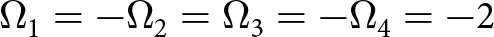 dollar sign upper Omega 1 equals minus upper Omega 2 equals upper Omega 3 equals minus upper Omega 4 equals minus 2 dollar sign