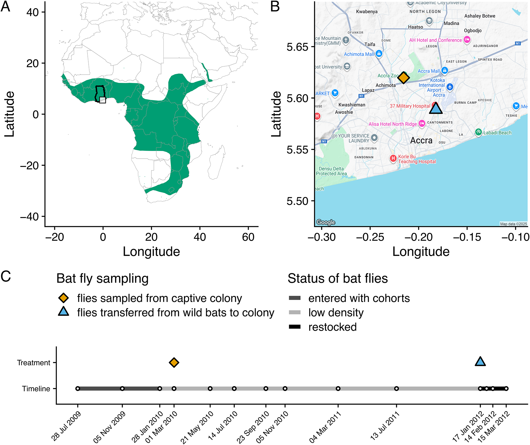 Three panels showing two maps and a timeline of bat fly sampling locations in Accra, Ghana and bat fly status over time. See long description.
