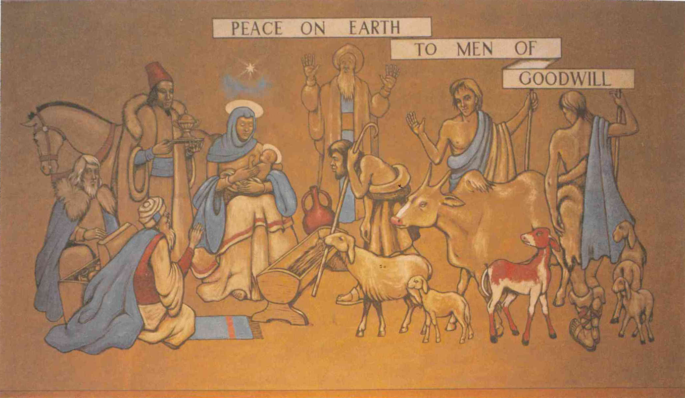 A mural showing the Nativity scene with central mother and child, surrounding figures, animals, and a banner reading Peace on Earth to Men of Goodwill. See long description.