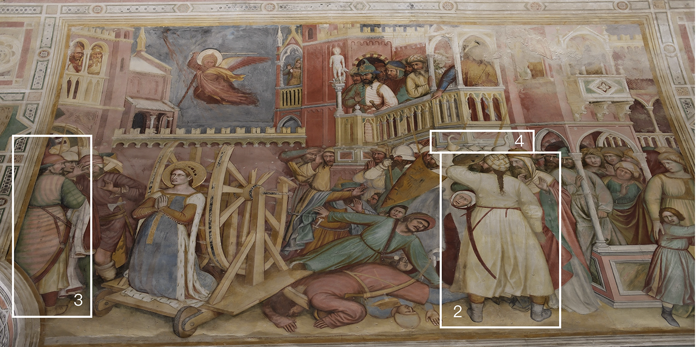 A narrative fresco showing the martyrdom of St Catherine, with executioners, onlookers, and architectural elements, divided into action zones marked by numbered rectangles. See long description.