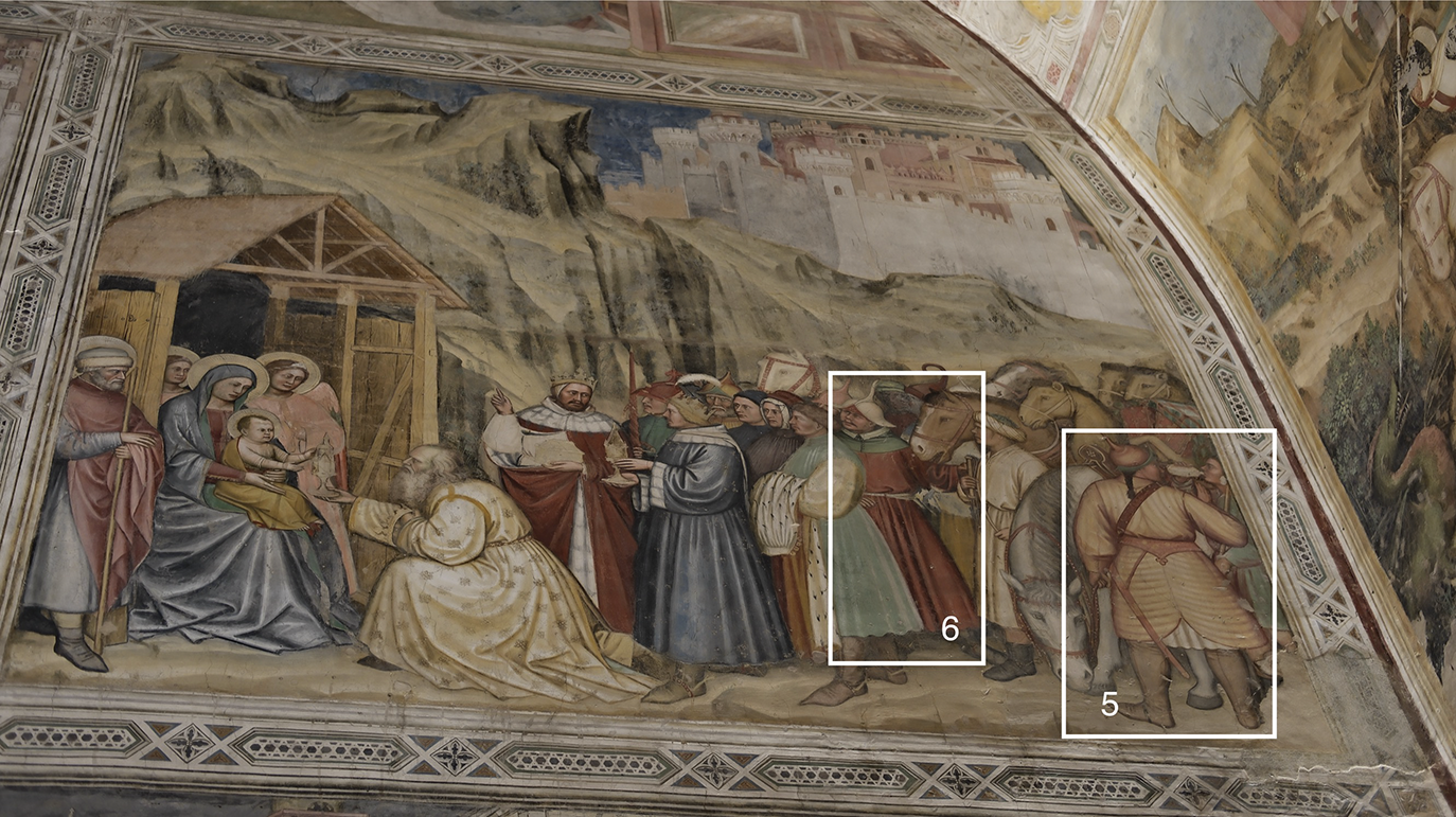 Fresco showing the Adoration of the Magi with Mary and child at left, kneeling Magus, attendants, and labeled groups 5 and 6 at right, set before a mountainous backdrop. See long description.