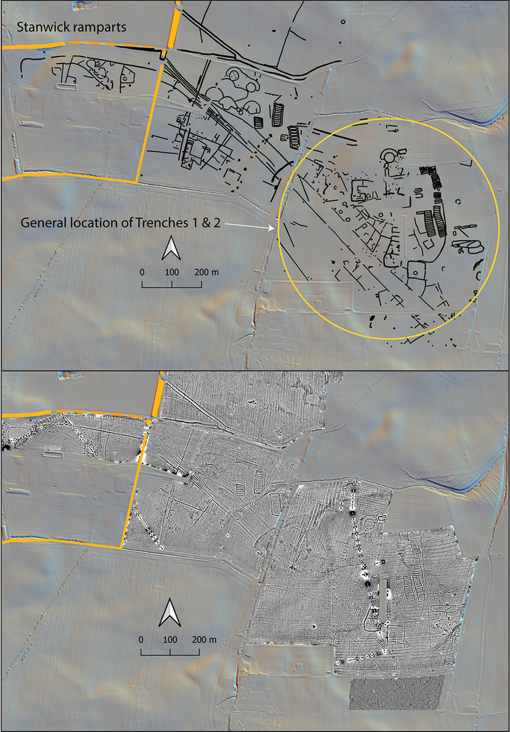 A map showing the general location of Trenches 1 and 2 in relation to geophysical survey results.