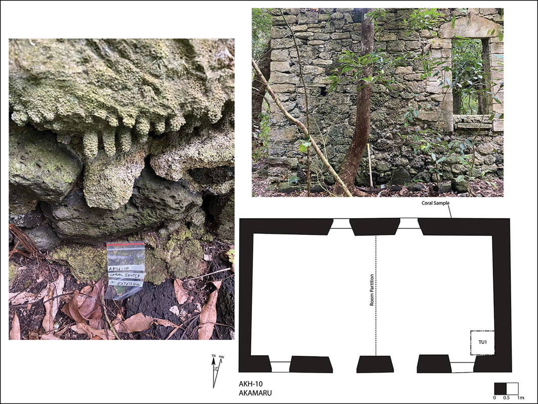The image contains three elements: a photo of unweathered in situ branch corals, a photo of the north exterior wall of structure AKH-10, and a building plan of AKH-10 showing the sampling location.