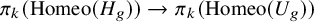 pi Subscript k Baseline left parenthesis backslash operatorname upper H o m e o left parenthesis upper H Subscript g Baseline right parenthesis right parenthesis right arrow pi Subscript k Baseline left parenthesis backslash operatorname upper H o m e o left parenthesis upper U Subscript g Baseline right parenthesis right parenthesis