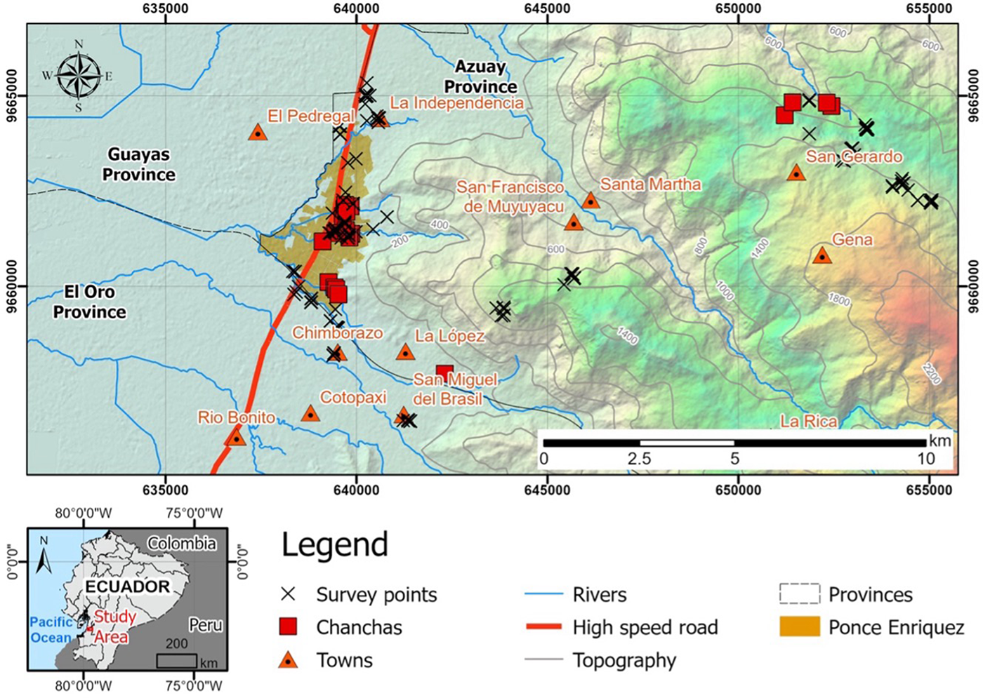 Map of Ecuador showing survey points, chanchas, towns, rivers and roads around Camilo Ponce Enriquez. Includes topography and provincial boundaries. See long description.
