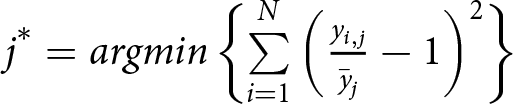 dollar sign j asterisk equals argmin left brace sigma summation i equals 1 upper N left parenthesis yi comma jy bar j minus 1 right parenthesis 2 right brace dollar sign