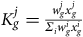 upper K Subscript g Superscript j Baseline equals StartFraction w Subscript g Superscript j Baseline x Subscript g Superscript j Baseline Over upper Sigma Subscript i Baseline w Subscript g Superscript i Baseline x Subscript g Superscript i Baseline EndFraction