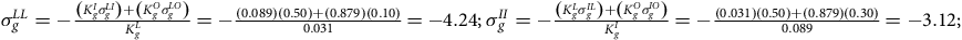 sigma Subscript g Superscript upper L upper L Baseline equals minus StartFraction left parenthesis upper K Subscript g Superscript upper I Baseline sigma Subscript g Superscript upper L upper I Baseline right parenthesis plus left parenthesis upper K Subscript g Superscript upper O Baseline sigma Subscript g Superscript upper L upper O Baseline right parenthesis Over upper K Subscript g Superscript upper L Baseline EndFraction equals minus StartFraction left parenthesis 0.089 right parenthesis left parenthesis 0.50 right parenthesis plus left parenthesis 0.879 right parenthesis left parenthesis 0.10 right parenthesis Over 0.031 EndFraction equals negative 4.24 semicolon sigma Subscript g Superscript upper I upper I Baseline equals minus StartFraction left parenthesis upper K Subscript g Superscript upper L Baseline sigma Subscript g Superscript upper I upper L Baseline right parenthesis plus left parenthesis upper K Subscript g Superscript upper O Baseline sigma Subscript g Superscript upper I upper O Baseline right parenthesis Over upper K Subscript g Superscript upper I Baseline EndFraction equals minus StartFraction left parenthesis 0.031 right parenthesis left parenthesis 0.50 right parenthesis plus left parenthesis 0.879 right parenthesis left parenthesis 0.30 right parenthesis Over 0.089 EndFraction equals negative 3.12 semicolon