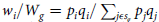 w Subscript i Baseline divided by upper W Subscript g Baseline equals p Subscript i Baseline q Subscript i Baseline divided by sigma summation Underscript j epsilon s Subscript g Baseline Endscripts p Subscript j Baseline q Subscript j