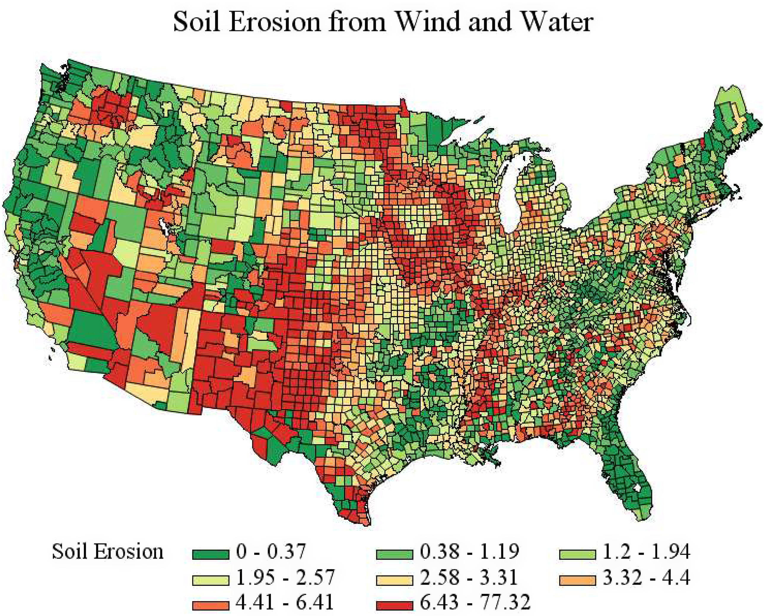 A heat map of the United States showing soil erosion from wind and water across different counties.