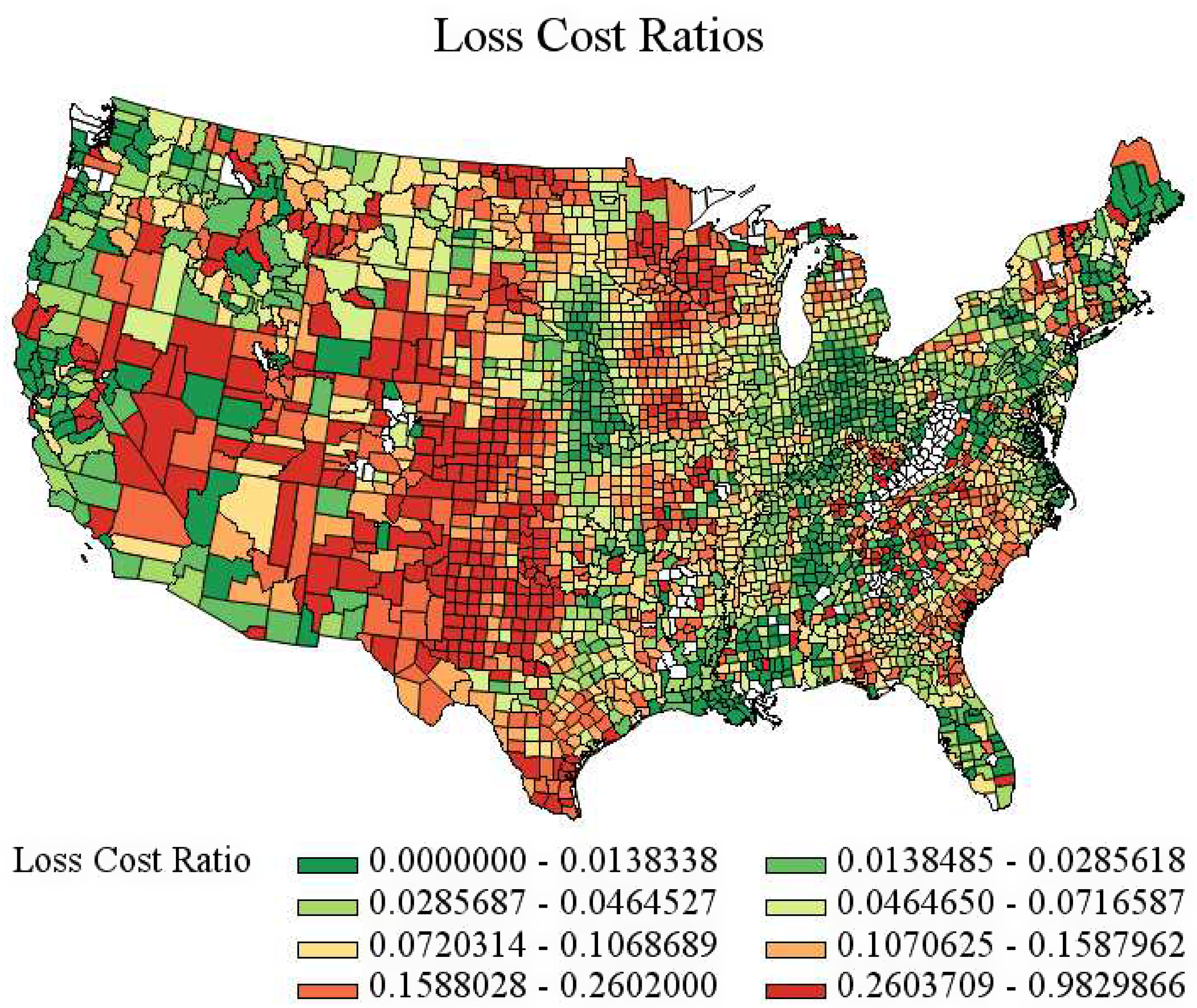 A heat map of the United States showing loss cost ratios by county.