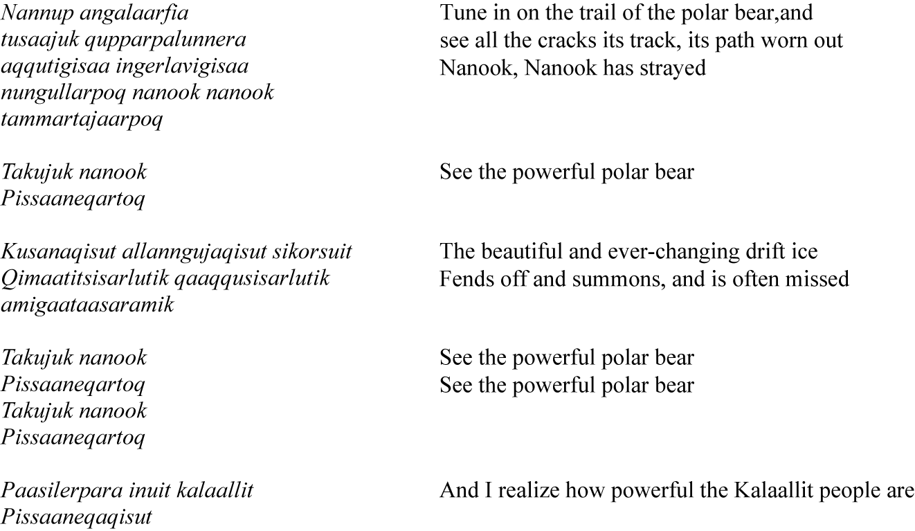 A two-column text layout with Greenlandic lyrics on the left and English translations on the right, presenting verses about polar bears, drift ice, and the strength of the Kalaallit people. See long description.