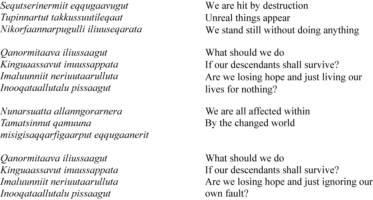Parallel columns show Greenlandic lyrics on the left and their English translation on the right, expressing themes of destruction, uncertainty, and concern for future generations.